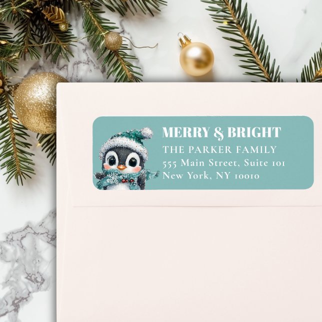 MERRY & BRIGHT! Adorable, Penguin With Santa Hat (MERRY & BRIGHT! Adorable, Penguin With Santa Hat, Address Return Label.)