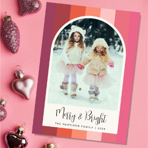 Merry Bright Arched Photo Pink Orange Christmas Holiday Card