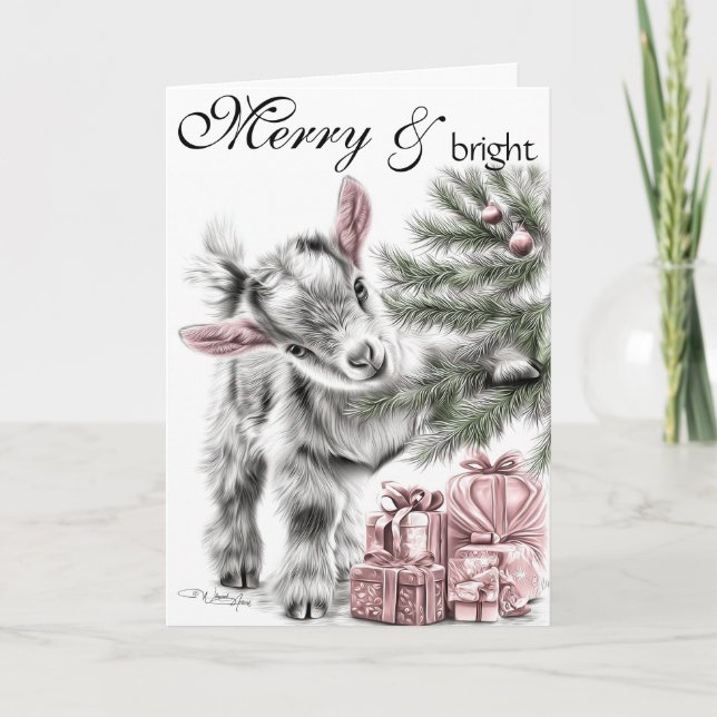 Merry & Bright  -  Baby Goat Christmas Holiday Card (Front)