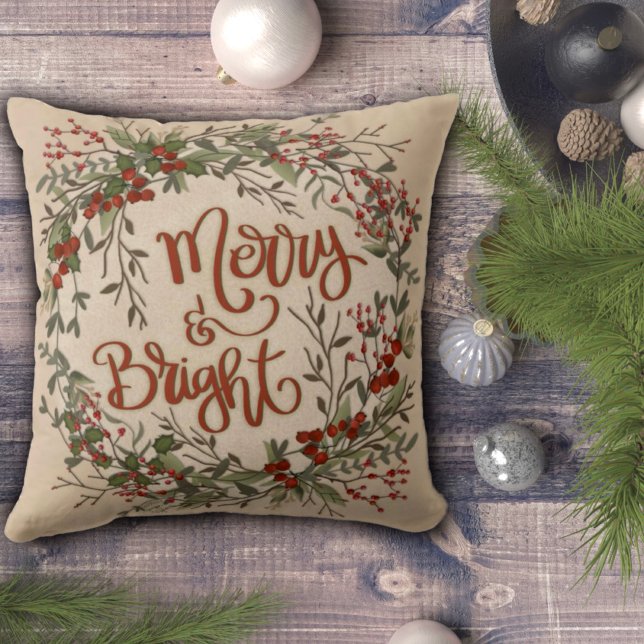 Merry Bright Berry Wreath Inspirivity Throw Pillow (Creator Uploaded)