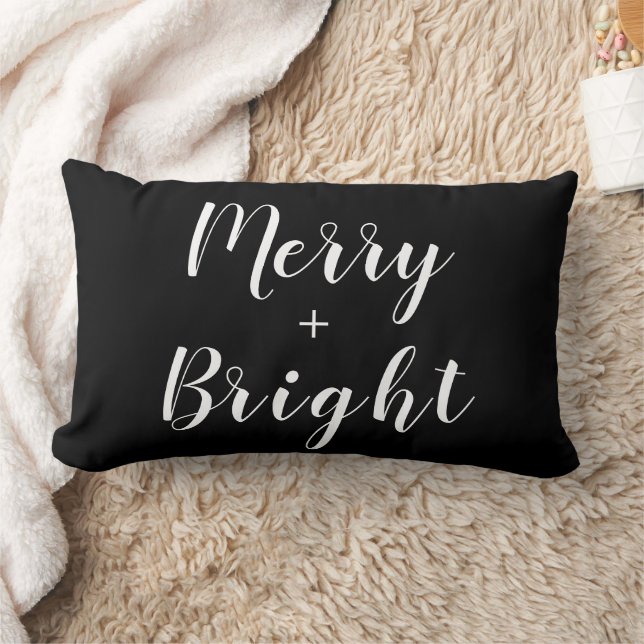 Merry + Bright Black White Christmas Holiday Lumbar Cushion (Blanket)