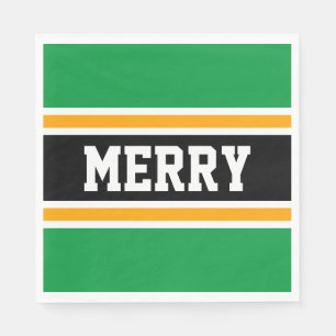 MERRY Bright Black White Orange Festive Stripes Napkin