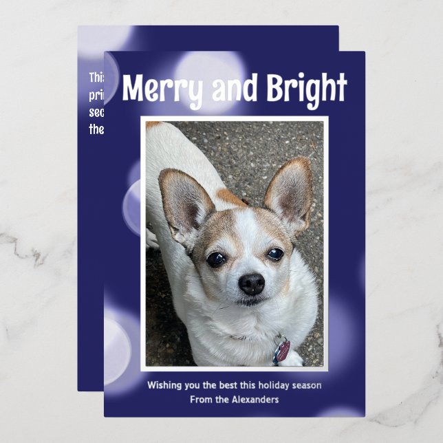 Merry & Bright Blue and White Foil Holiday Card (Front/Back)
