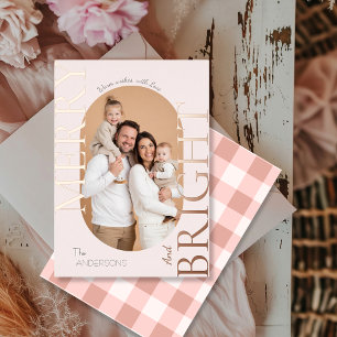 Merry & Bright Blush Rose Gold Script Foil Holiday Card