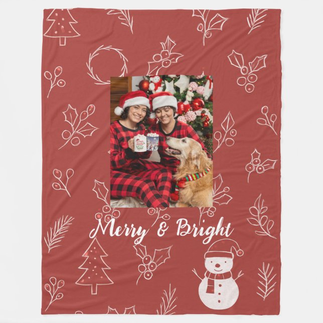 Merry & Bright Boho Floral Christmas Fleece Blanket (Front)