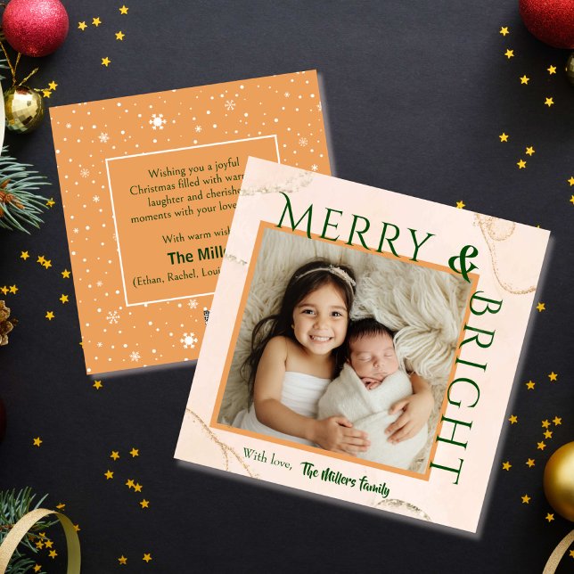 Merry & Bright bold typography 1 photo modern cute Holiday Card (Creator Uploaded)