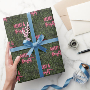 Merry & Bright Boxwood Pink Neon Sign Christmas Wrapping Paper