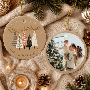 Merry & Bright Brown Personalised Christmas Photo Ceramic Tree Decoration