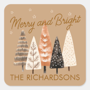 Merry & Bright Brown Personalised Christmas Square Sticker
