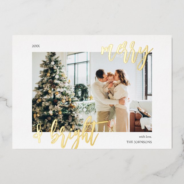 Merry Bright Brush Script Photo Foil Holiday Card (Front)