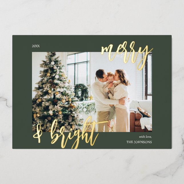 Merry Bright Brush Script Photo Green Foil Holiday Card (Front)