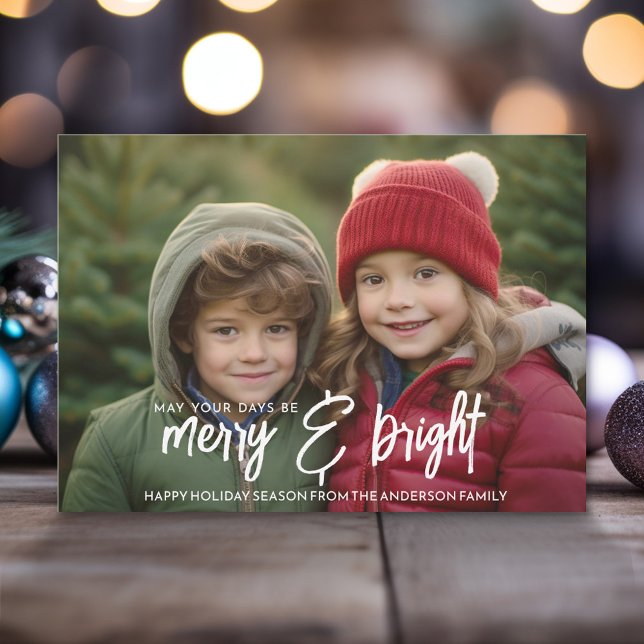 Merry & Bright Calligraphy - Full Horizontal Photo Holiday Card (Modern Christmas Photo Greeting Card)