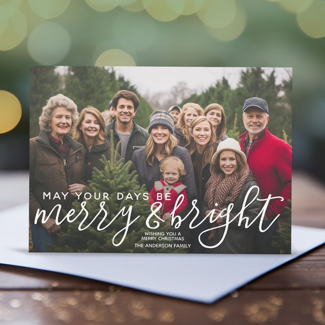 Merry & Bright Calligraphy Horizontal Photo Season Holiday Card (Christmas Photo card with one large photo and modern script on top of the pic. )