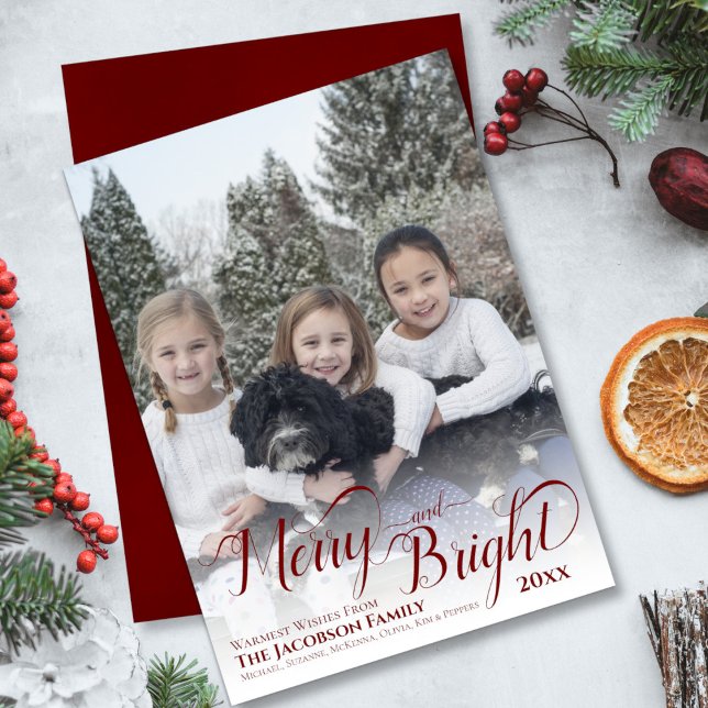 Merry & Bright Calligraphy Script Burgundy Photo Holiday Card (In Situ Front/Back)