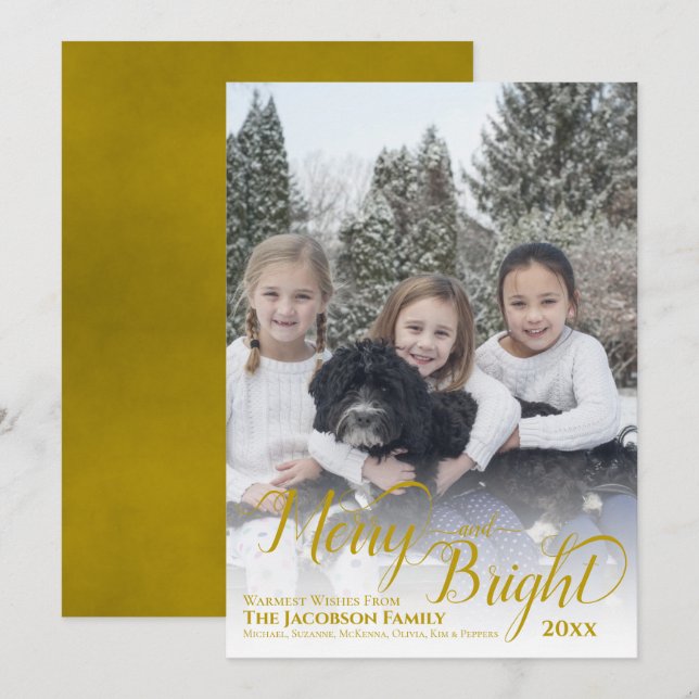 Merry & Bright Calligraphy Script Gold Photo Holiday Card (Front/Back)