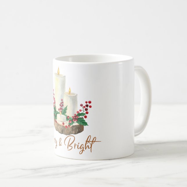 Merry & Bright Candle Holly Christmas Coffee Mug  (Front Right)
