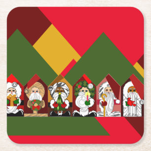 Merry & Bright Cartoon Santas Geometric Christmas Square Paper Coaster