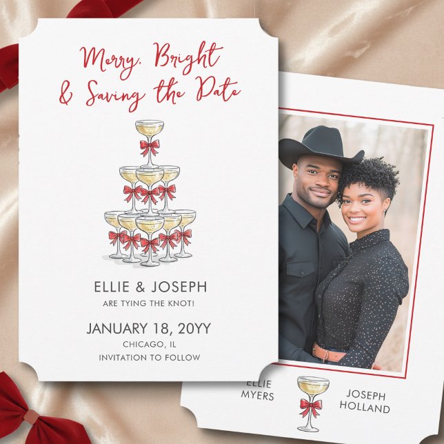 Merry Bright Champagne Tower Holiday Wedding Save The Date (Merry Bright Wedding Save the Date with Champagne Tower and Engagement Photo by Darling & May)