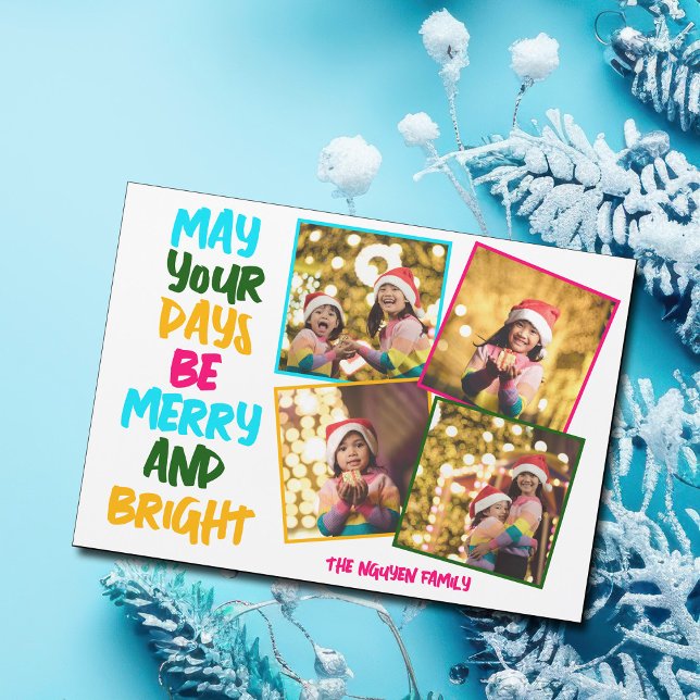 Merry Bright Christmas 4 Photo Collage Magnet Card (Creator Uploaded)