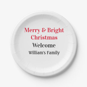 Merry Bright Christmas add family name welcome joy Paper Plate