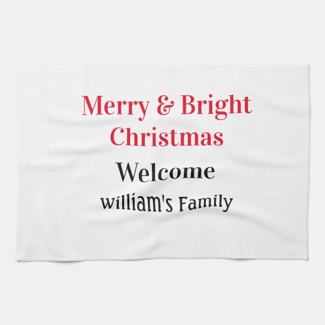 Merry Bright Christmas add family name welcome joy Tea Towel (Horizontal)
