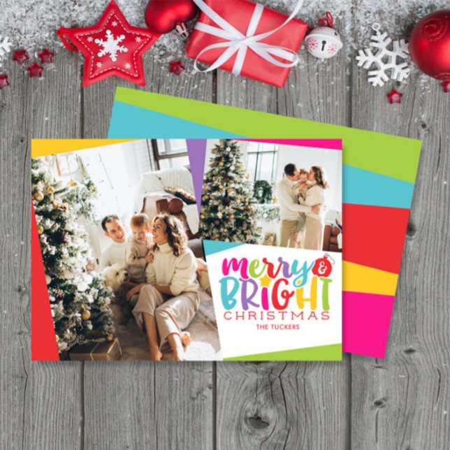 Merry & Bright Christmas Colourful Cute 2-Photo Holiday Card (Creator Uploaded)
