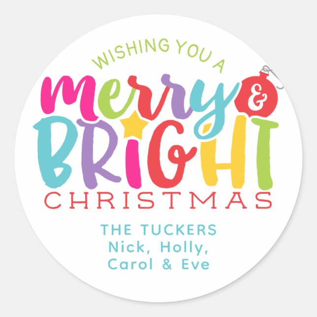 Merry & Bright Christmas Colourful Cute Gift Classic Round Sticker (Front)