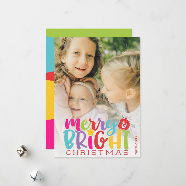 Merry & Bright Christmas Colourful Cute Holiday Card (Front/Back In Situ)