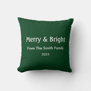 Merry & Bright Christmas Custom Name Hunter Green Cushion