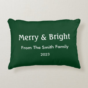 Merry & Bright Christmas Custom Name Hunter Green Decorative Cushion