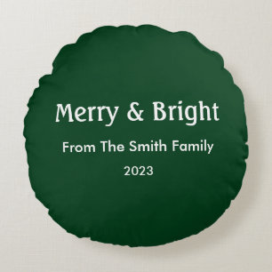 Merry & Bright Christmas Custom Name Hunter Green Round Cushion