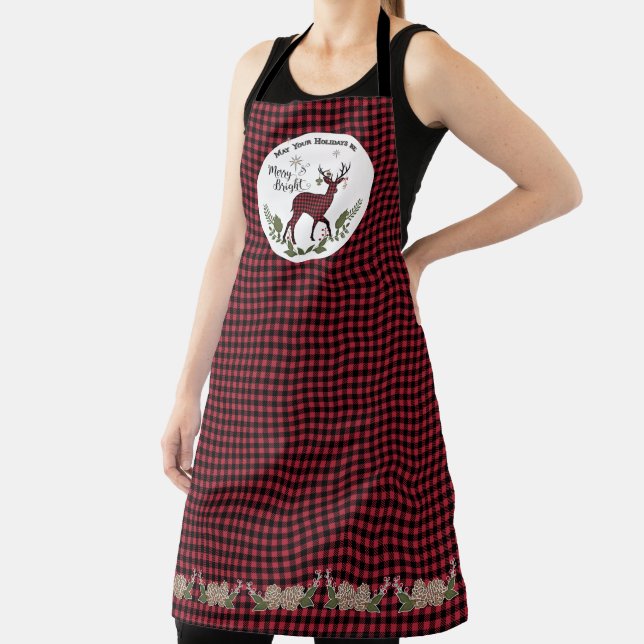 Merry Bright Christmas Deer Antlers Buffalo Check Apron (Insitu)