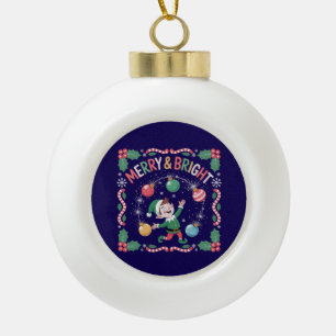 Merry & Bright Christmas Elf   Cute Holiday  Ceramic Ball Christmas Ornament
