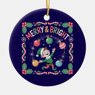 Merry & Bright Christmas Elf Cute Holiday Ceramic Tree Decoration