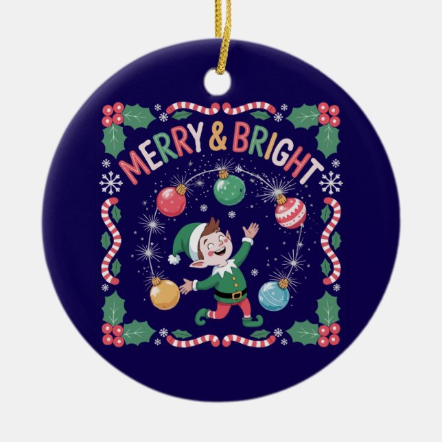  Merry & Bright Christmas Elf | Cute Holiday  Ceramic Tree Decoration (Front)