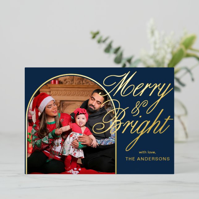 Merry & Bright Christmas Family Photo  Foil Holiday Card (Standing Front)