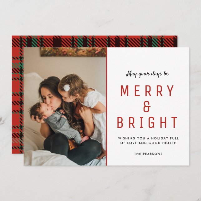 Merry & Bright Christmas Family Photo Plaid Card (Front/Back)