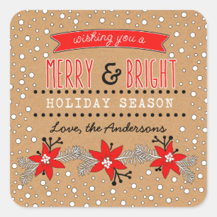 Merry & Bright Christmas. Floral Kraft Paper Square Sticker