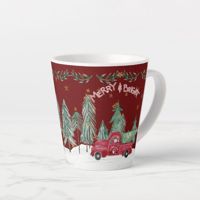 Merry Bright Christmas Gnome Red Truck Stars trees Latte Mug (Right Angle)