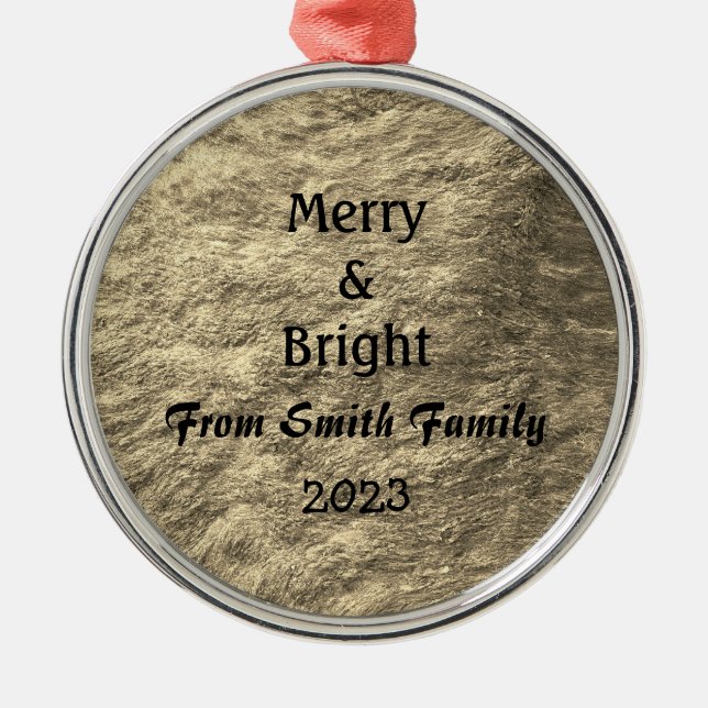 Merry & Bright Christmas Gold Golden Sepia Gift Metal Tree Decoration (Front)