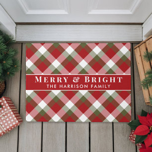 Merry Bright Christmas Holiday Plaid Doormat