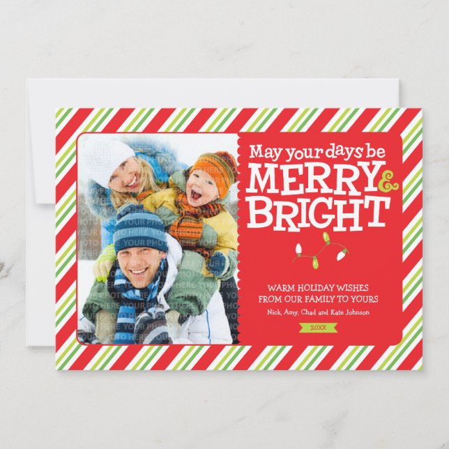 Merry & Bright Christmas Lights and Stripes Photo Holiday Card (Front)