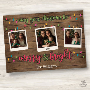 Merry & Bright Christmas Lights Photo Polaroids Holiday Card