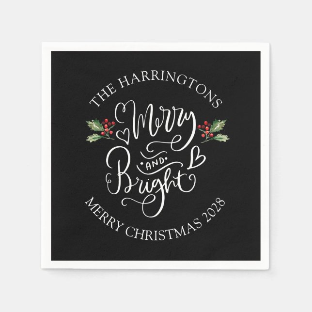 Merry Bright Christmas Party Family Name Napkin (Front)