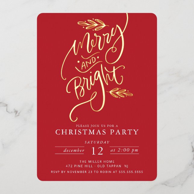 Merry & Bright Christmas Party Foil Holiday Card (Front)