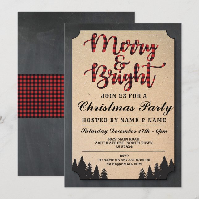 Merry & Bright Christmas Party Holidays Check Xmas Invitation (Front/Back)