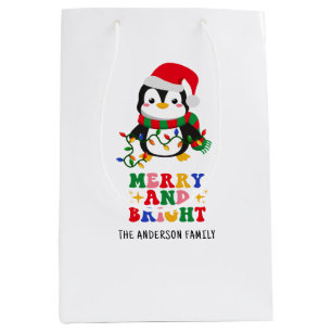 Merry & Bright Christmas Penguin Flat Holiday Card Medium Gift Bag