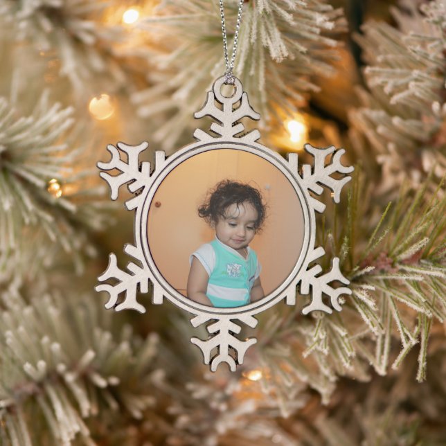 Merry Bright Christmas Photo Baby Kid Family Cute  Snowflake Pewter Christmas Ornament (Tree)