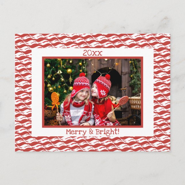 Merry Bright Christmas Photo Candy Cane Red White  Holiday Postcard (Front)
