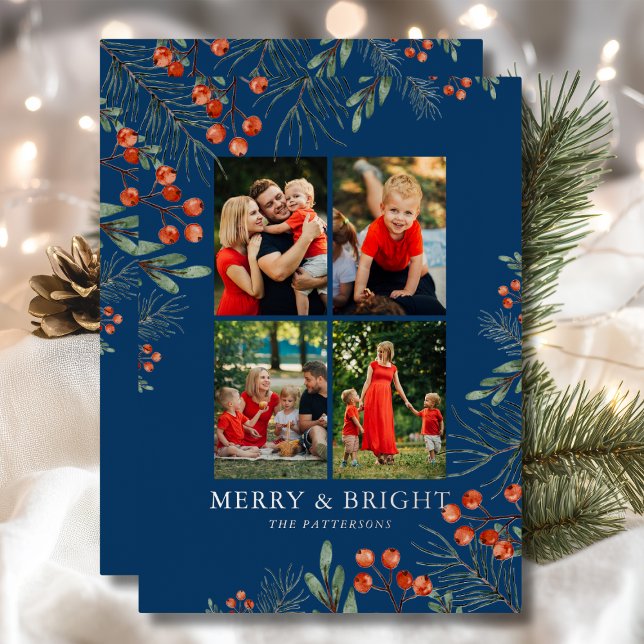Merry & Bright Christmas Photo Collage Floral Foil Holiday Card (Creator Uploaded)